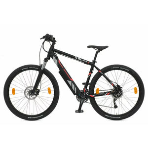 Side view of the Riley RB1 single speed folding electric bike in black, featuring a compact foldable frame, 27.5-inch tyres, rear rack, and 250W brushless motor.