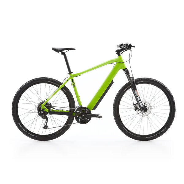 Side view of the Batribike Delta LTD LCD electric hardtail mountain bike in green, featuring a 250W motor and front suspension for off-road adventures.