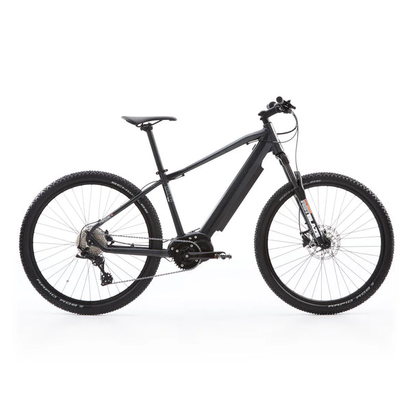 Side view of the Batribike Delta Plus electric hardtail mountain bike in black, equipped with a 250W motor and front suspension.