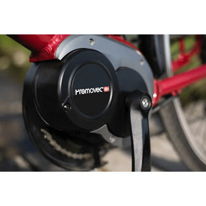 Close-up of the Promovec mid-drive motor on the Batribike Nebula Classic electric bike, highlighting its black casing and branding.