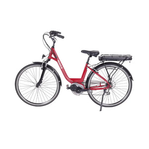 Left side profile of the Batribike Nebula Classic step-through electric bike in red, featuring a rear rack battery and comfortable upright riding position.