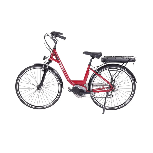 Left side profile of the Batribike Nebula Classic step-through electric bike in red, featuring a rear rack battery and comfortable upright riding position.