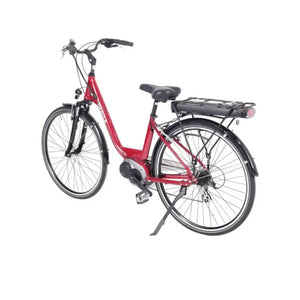 Rear angled view of the Batribike Nebula Classic step-through electric bike in red, showcasing the rear rack battery, mudguards, and kickstand.