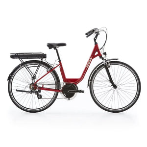 Side view of the Batribike Nebula Classic Danish style step-through electric bike in red with 250W motor, rear rack, and front suspension.