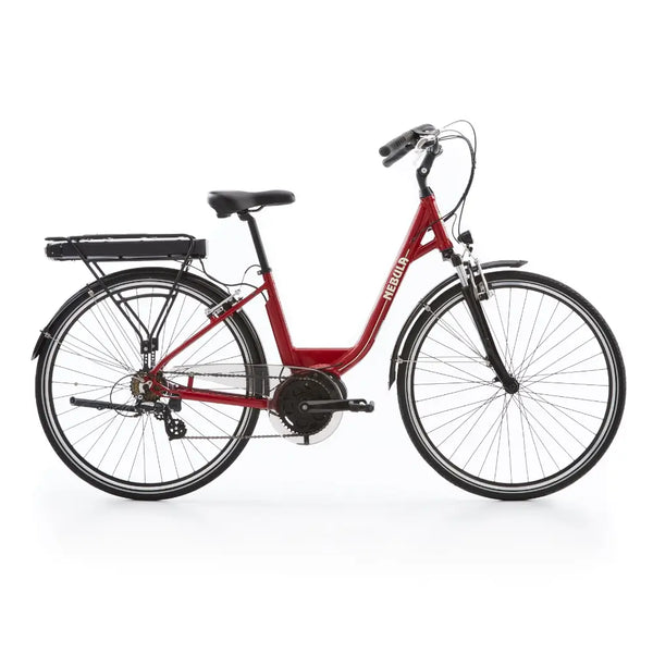 Side view of the Batribike Nebula Classic Danish style step-through electric bike in red with 250W motor, rear rack, and front suspension.