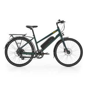 Side view of the Batribike Nova S electric step-through hybrid bike in green, equipped with a 250W motor, rear rack, and mudguards.