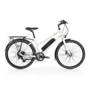 Side view of the white Batribike Nova S electric city bike, featuring an integrated battery and a rear luggage rack for urban commuting.