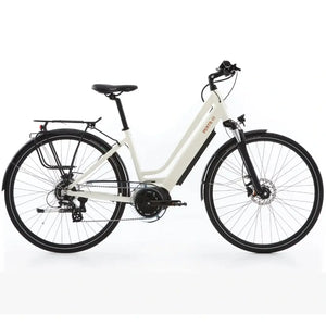 Side view of the Batribike Penta S step-through electric bike in white, featuring a 250W motor, rear rack, and mudguards for urban commuting.