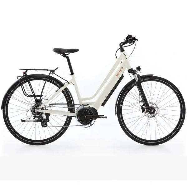 Side view of the Batribike Penta S step-through electric bike in white, featuring a 250W motor, rear rack, and mudguards for urban commuting.