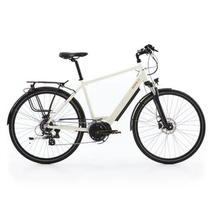 Side view of the Batribike Penta X mid-drive electric hybrid bike in white with a 250W motor, integrated frame battery, disc brakes, and rear pannier rack.