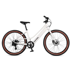 Side view of the white Batribike Route S electric bike with step through frame and brown wall tyres.