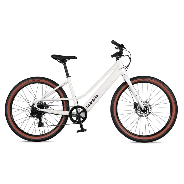 Side view of the white Batribike Route S electric bike with step through frame and brown wall tyres.