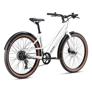 White Batribike Route S shown from the rear three quarter angle with brown wall VEE Speedster tyres