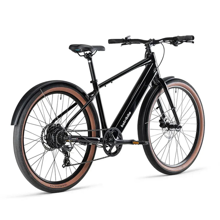 Rearview of the Batribike Route X in black shown with tan wall tyres.