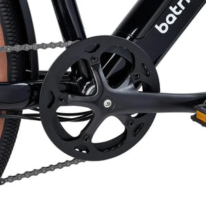 Close up of Batribike Route X black alloy crankset and chainring with chain.