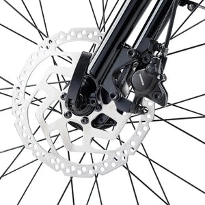 Shimano hydraulic disc brake and silver rotor on Batribike Route X front wheel.