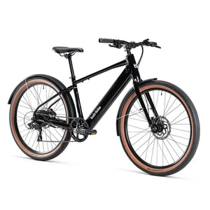 Batribike Route X electric city bike in black angled front view with mudguards.