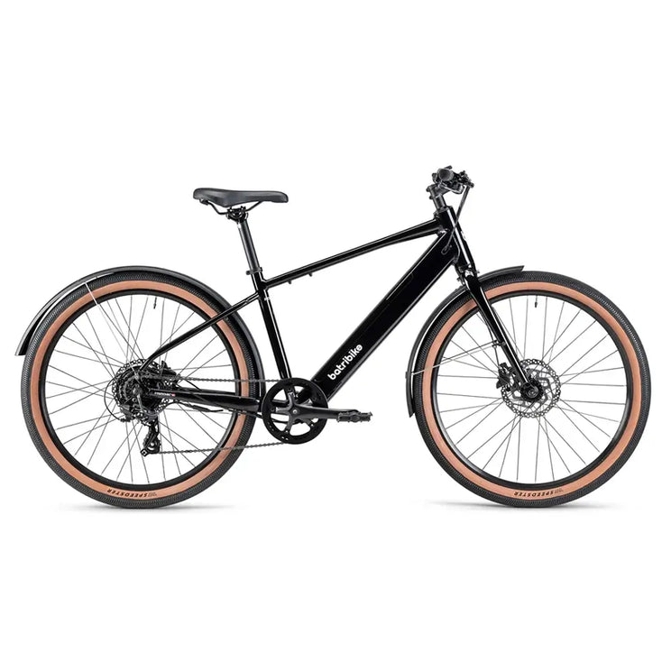 Full side view of Batribike Route X electric bike in black with tan wall VEE Speedster tyres.