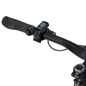 Batribike Route X handlebar detail showing coloured LCD display and ergonomic black grips.