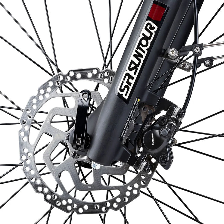 Shimano disc brake caliper and rotor on the SR Suntour front fork of the Batribike SUV S