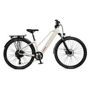 Batribike SUV S cream electric step through bike in full side profile view with rear rack and Kenda tyres.