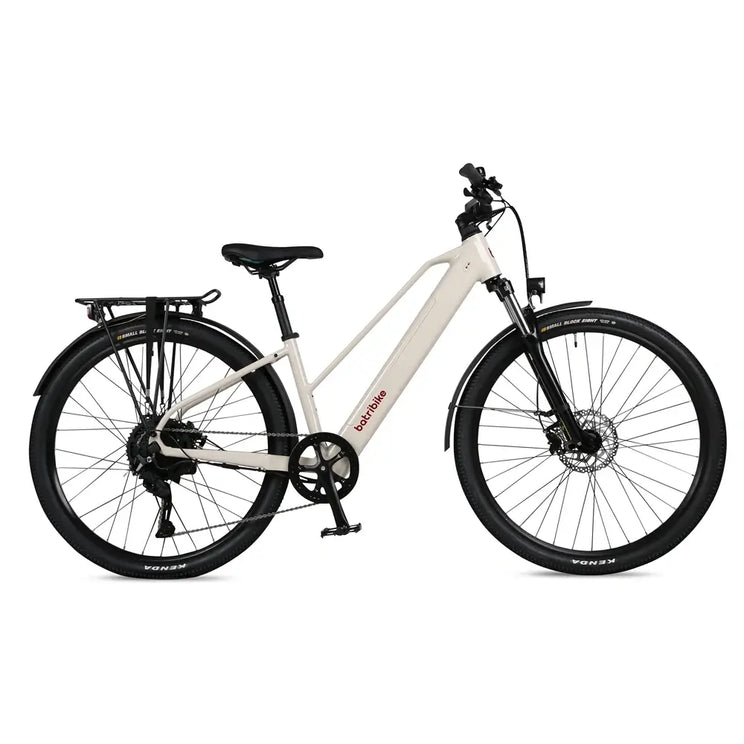 Batribike SUV S cream electric step through bike in full side profile view with rear rack and Kenda tyres.