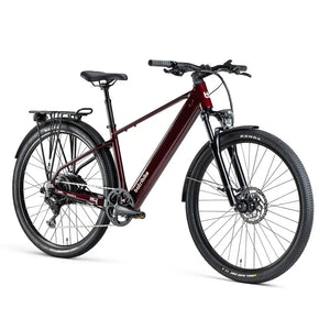 Batribike SUV X oxblood electric bike shown from the front three quarter angle with rear rack and Kenda tyres.