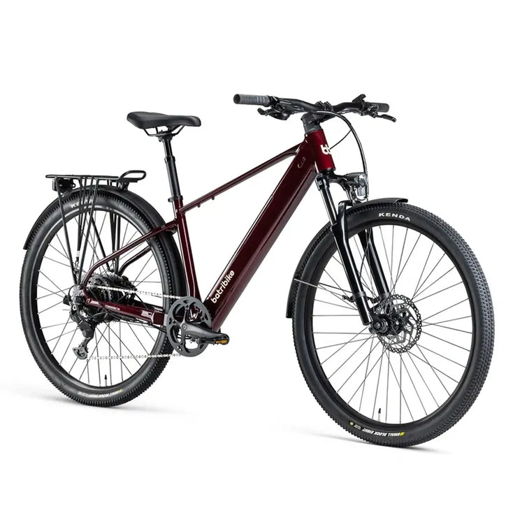 Batribike SUV X oxblood electric bike shown from the front three quarter angle with rear rack and Kenda tyres.