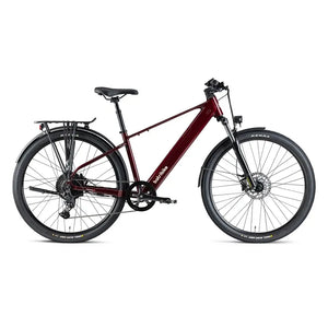 Batribike SUV X oxblood electric crossbar bike in full side profile view with rear rack and Kenda tyres.