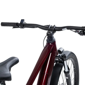 Batribike SUV X oxblood frame and handlebar area showing flat bar stem and small display unit from above.