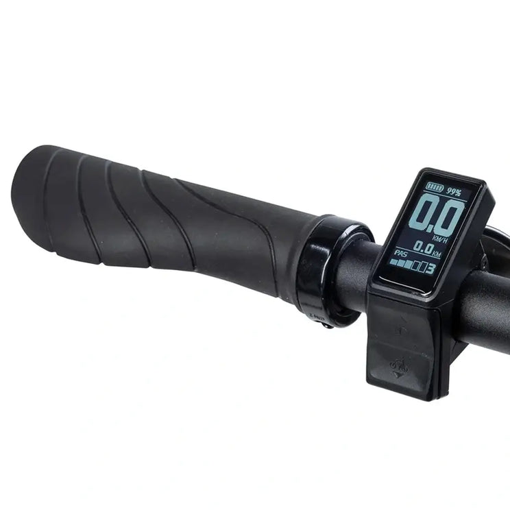 Batribike SUV X handlebar area showing flat bar stem and small display unit from above.