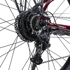 Close up of the Shimano rear cassette and derailleur on the oxblood Batribike SUV X electric bike.