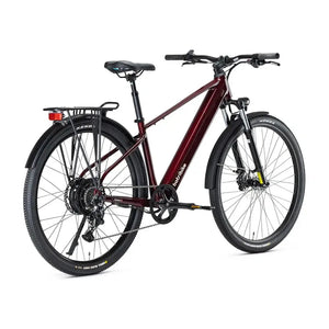 Batribike SUV X oxblood electric bike shown from the rear three quarter angle with rear rack and tail light.