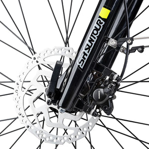 SR Suntour suspension fork with Shimano disc brake caliper and rotor on the grey Batribike Tour S