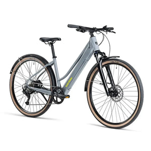 Batribike Tour S grey electric bike shown from the front three quarter angle with suspension fork and disc brakes.