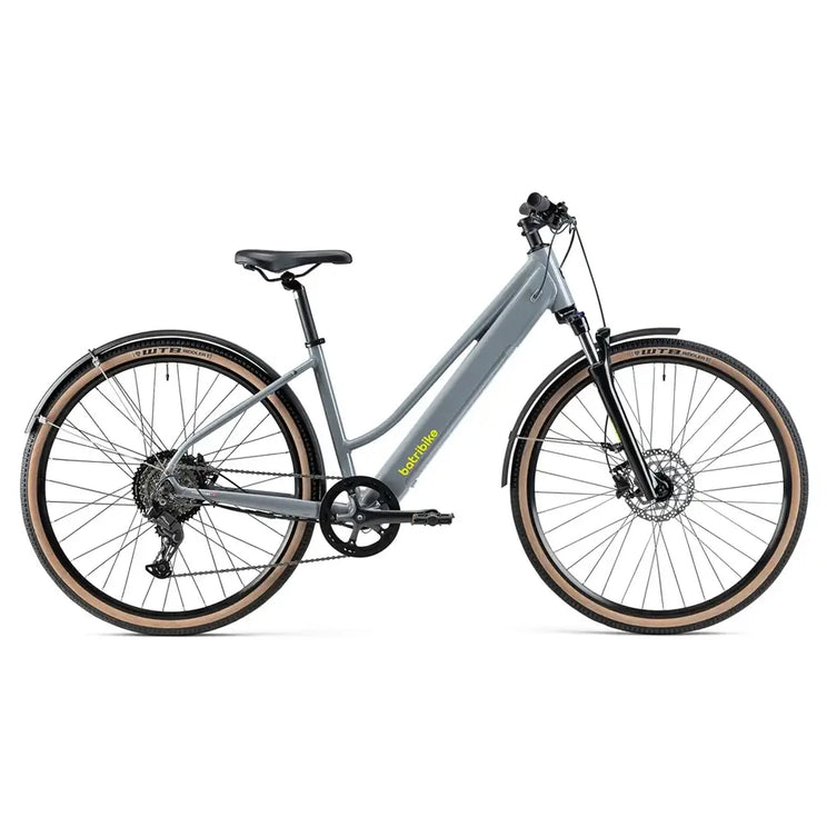Batribike Tour S grey electric bike in full side profile view showing step through frame and tan wall tyres.