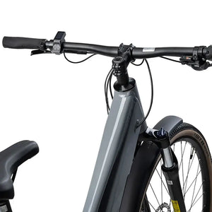 Batribike Tour S handlebar area showing flat bar stem display unit and front suspension fork from above.