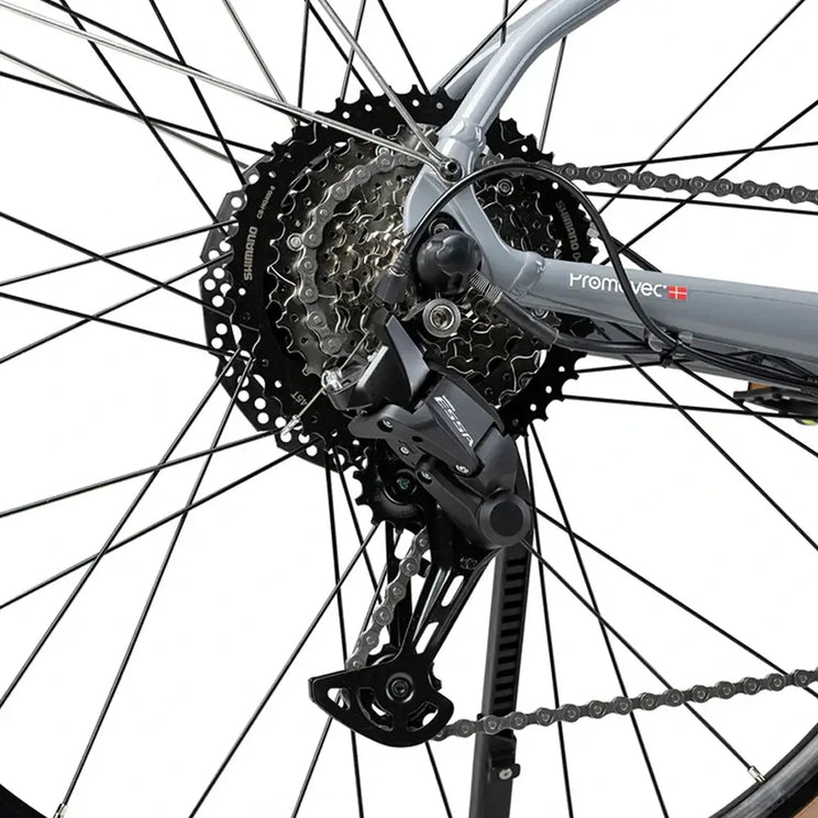 Close up of the Shimano rear cassette and derailleur on the Batribike Tour S grey electric bike.
