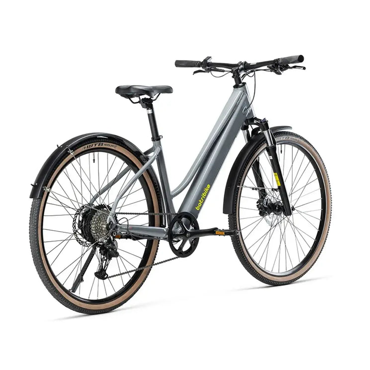 Batribike Tour S grey electric bike shown from the rear three quarter angle with mudguards and Shimano drivetrain.