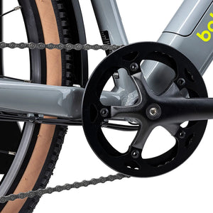 Close up of the chainring guard and black crank on the grey Batribike Tour X frame