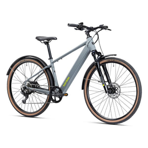 Grey Batribike Tour X crossbar electric bike shown from the front three quarter angle with tan wall tyres