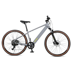 Batribike Tour X grey electric crossbar frame bike in full side profile view with tan wall WTB tyres.