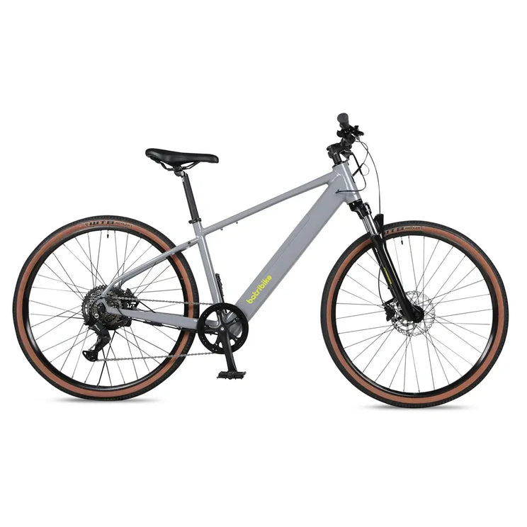 Batribike Tour X grey electric crossbar frame bike in full side profile view with tan wall WTB tyres.