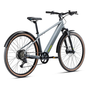 Grey Batribike Tour X shown from the rear three quarter angle with mudguards and Shimano drivetrain