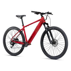 Batribike Trail electric mountain bike in Magma shown from the front three quarter angle with suspension fork