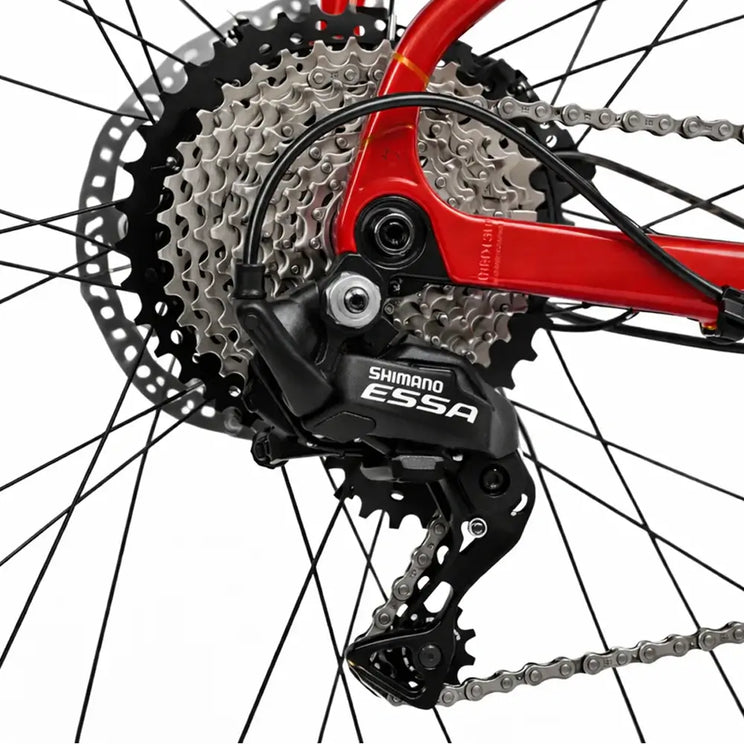 Close up of the Shimano ESSA rear derailleur and wide range cassette on the red Batribike Trail electric bike.