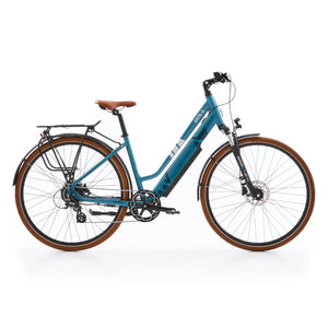 Side view of the Batribike Vista S electric hybrid step-through bike in blue, featuring a 250W motor, brown saddle, and mudguards.