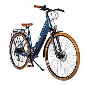 Front angled view of the Batribike Vista S electric hybrid step-through bike in blue.