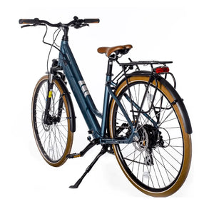 Rear angled view of the Batribike Vista S electric hybrid step-through bike in blue, with rear rack, mudguards, and brown saddle.