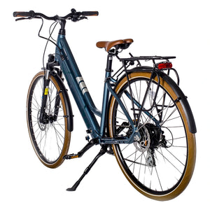 Blue Batribike Vista S shown from the rear three quarter angle with rear rack, tail light and kickstand